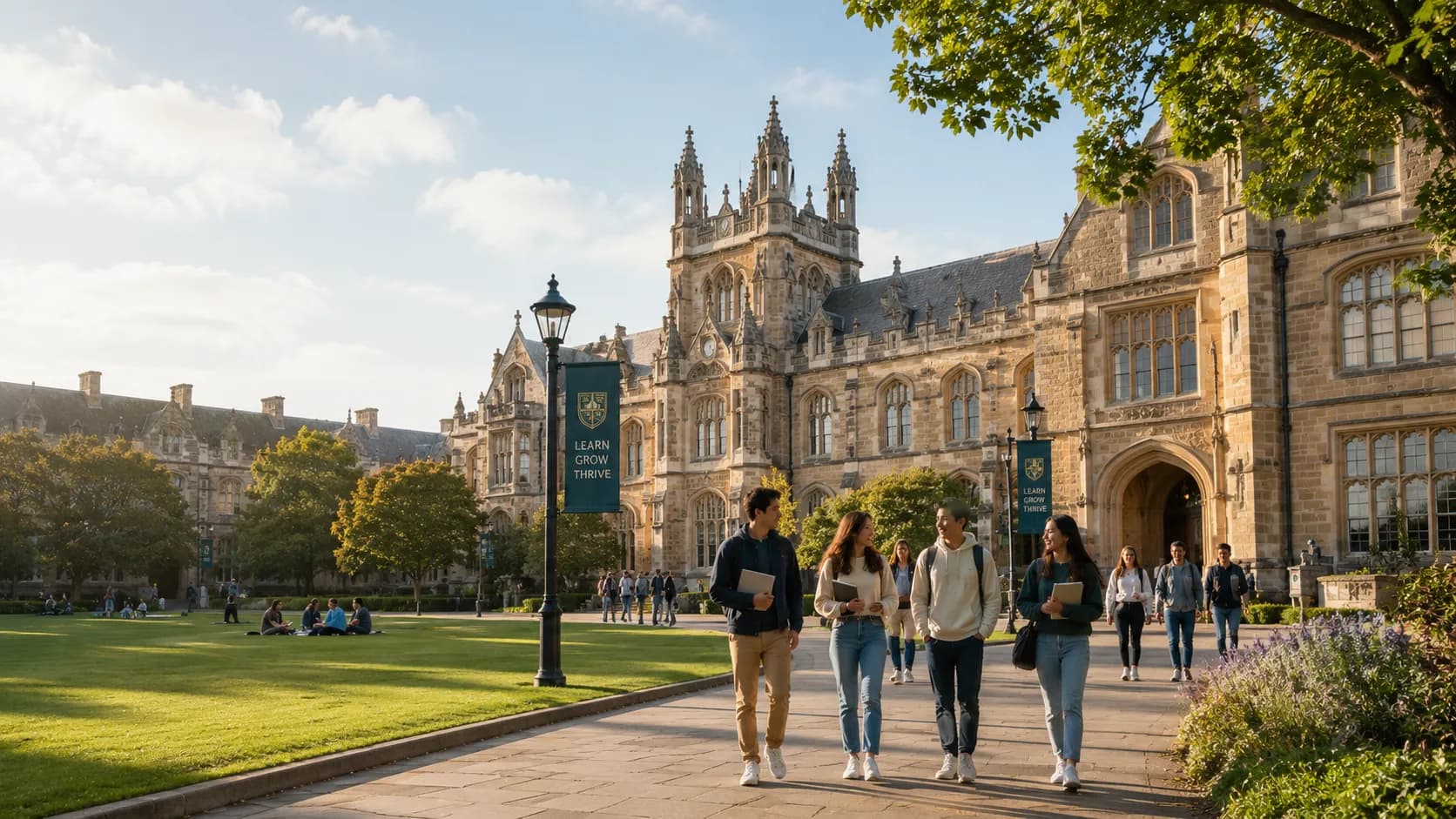 Students walking together on a university campus path