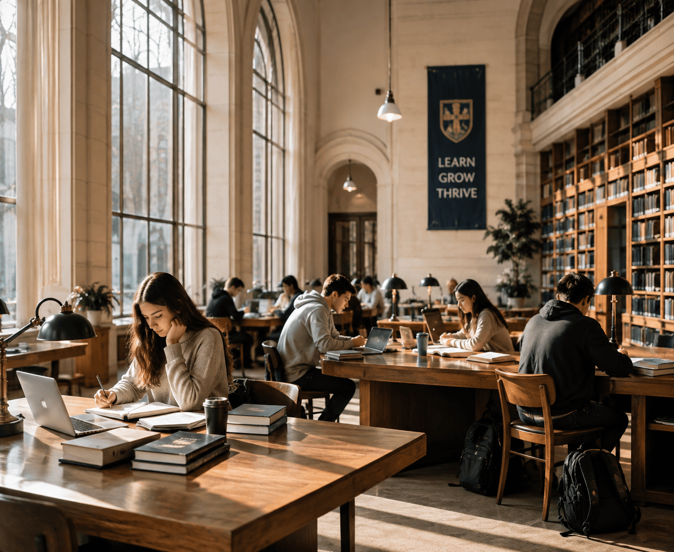 Grand university library with long study tables and tall bookshelves