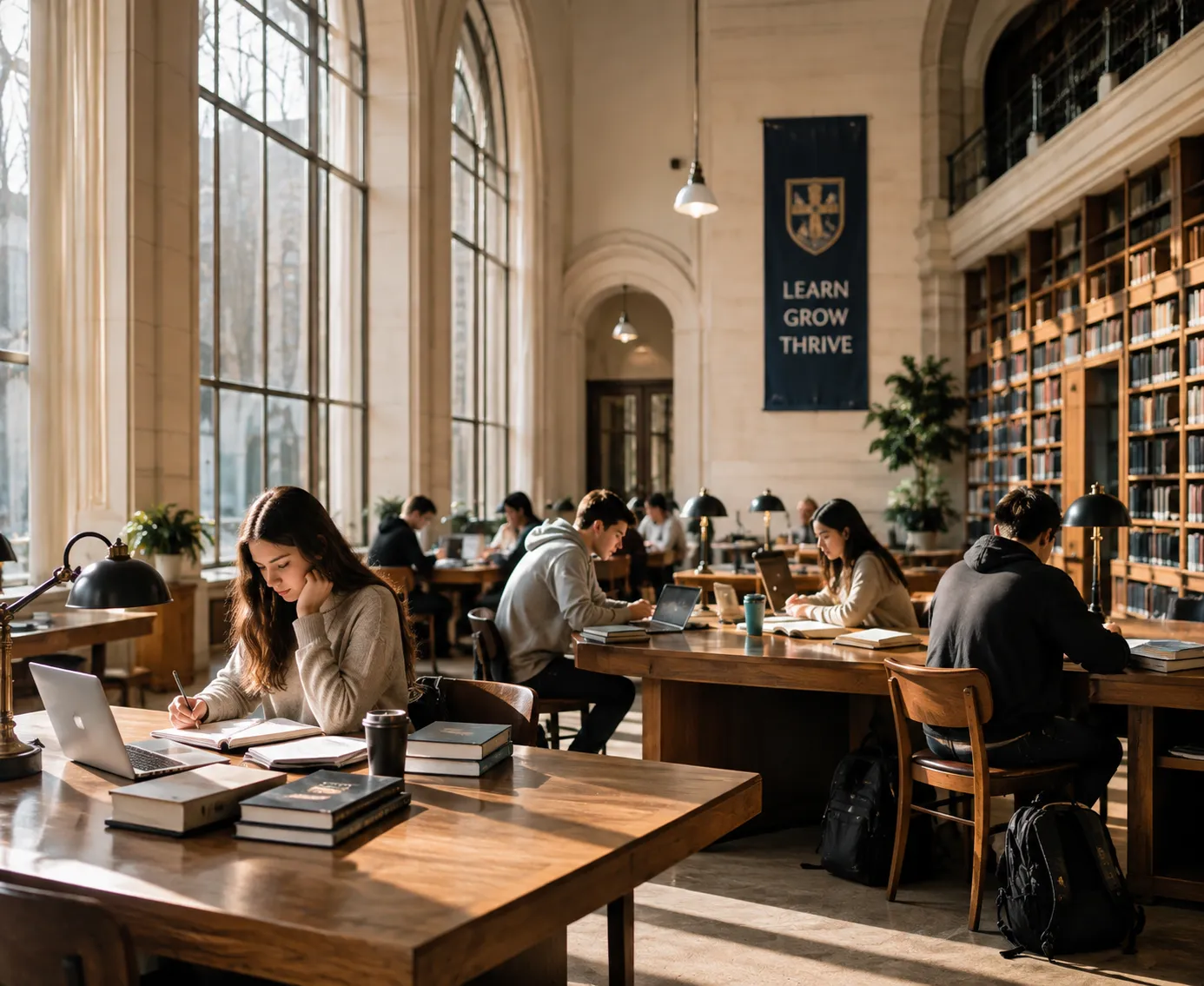 Grand university library with long study tables and tall bookshelves