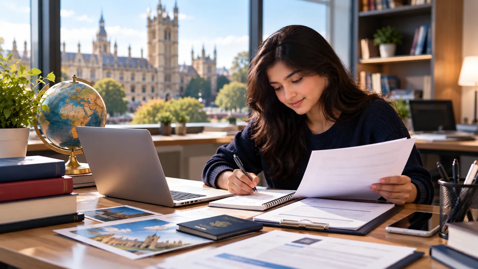 A student reviewing application documents at a desk