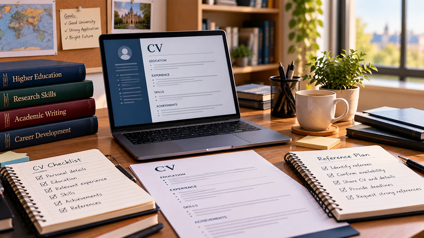A student organising a CV and supporting application paperwork